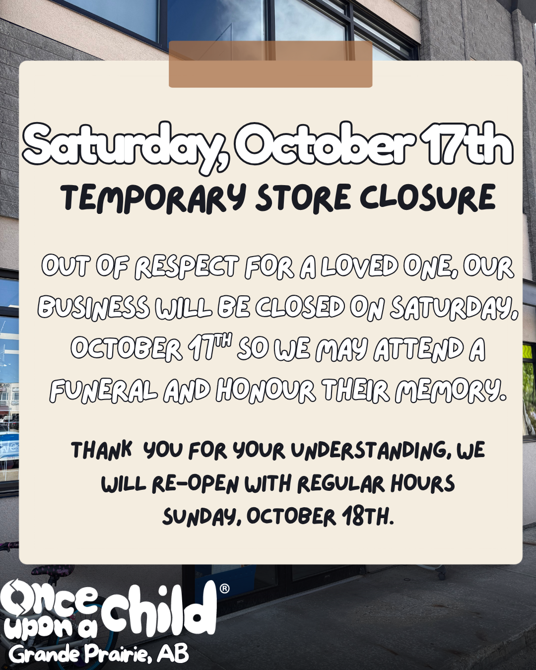 Temporary Closer Saturday, October 17th